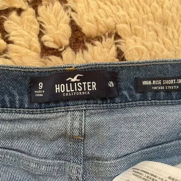 Hollister Jean Shorts Womens High Rise Embroidered Shorts Frayed Blue size 29
